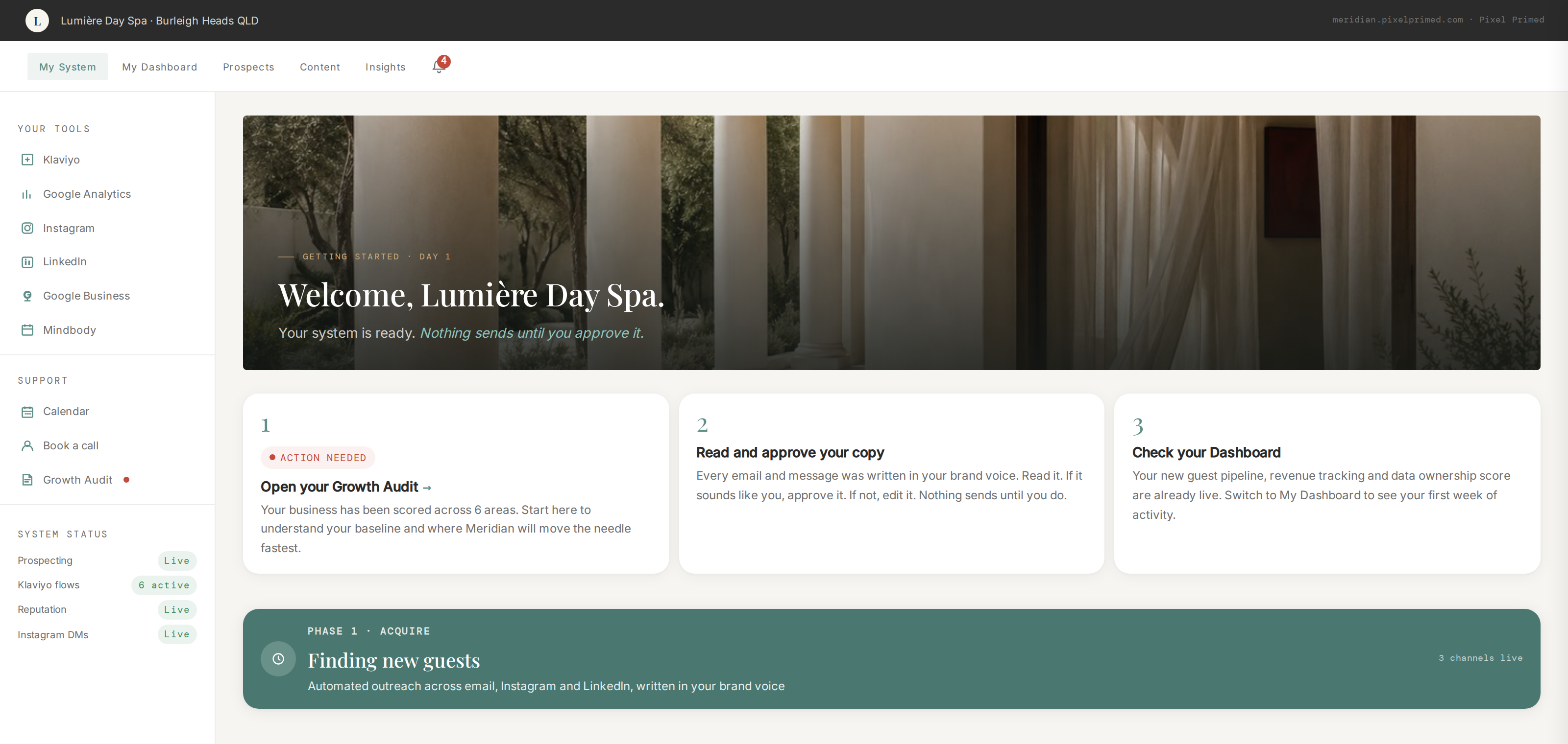 Meridian My System dashboard for Lumiere Day Spa